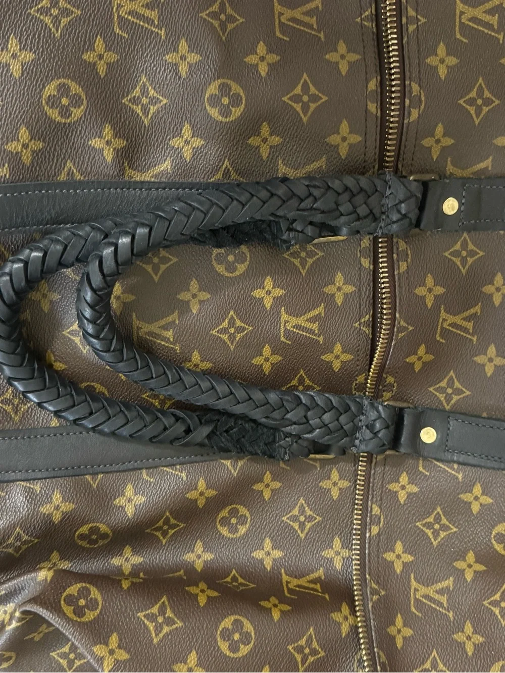 Louis Vuitton Brown Monogram Duffel Bag with Black Braided Handles